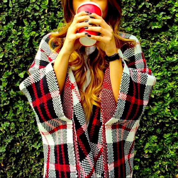 Black + Red Plaid Think Knit Fringe Poncho - Picture 2 of 13